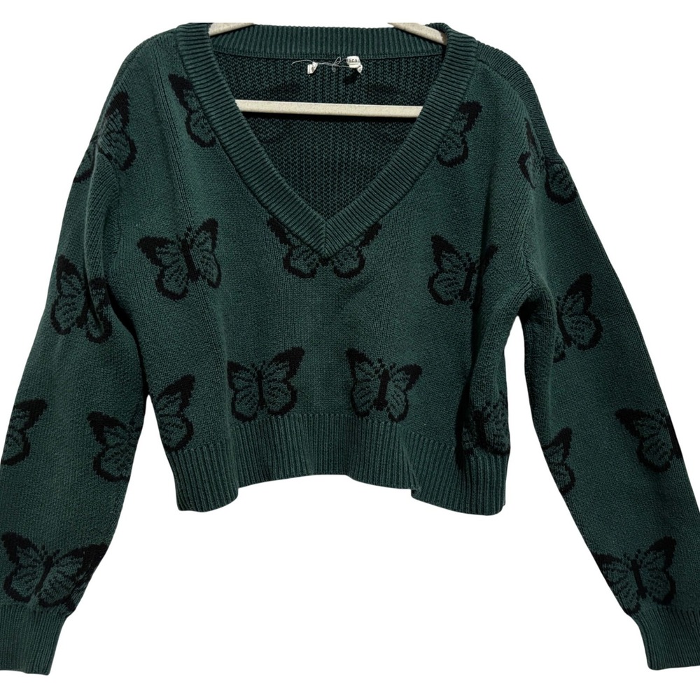 Pacsun Butterfly V Neck Sweater Green Black Cropped Sz M Fairy‎ Grunge